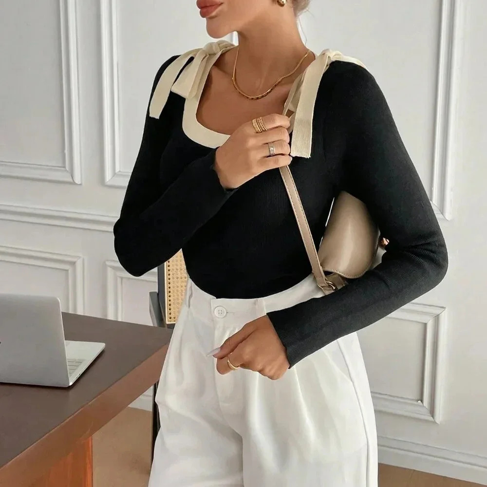 Black Casual Women's ' Contrast Color Tie Front Long Sleeve Sweater - Picture 5 of 6